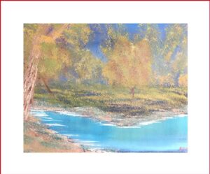 Abstract art of falling tress and a flowing river