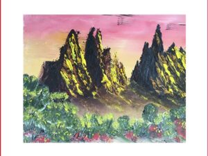 Art painting of nature of plants and hills with a pink background