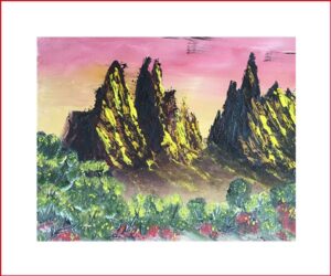 Art painting of nature of plants and hills with a pink background