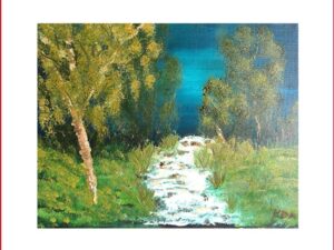 Art painting of tall trees with blue background