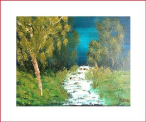 Art painting of tall trees with blue background