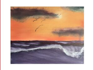 Art of wave with a ocean and birds in the sky