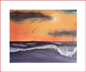 Art of wave with a ocean and birds in the sky