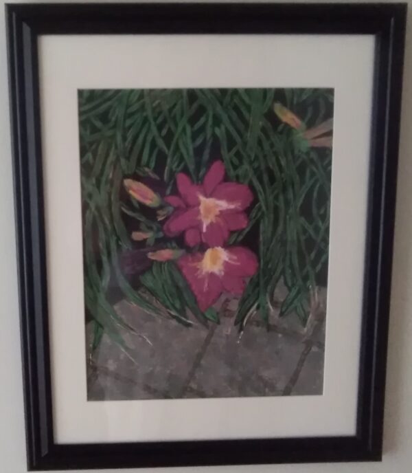 A framed Painting #21 of pink flowers on a wall.