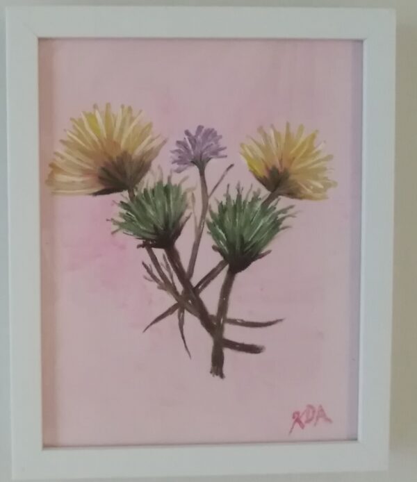 A watercolor painting of dandelion flowers in a pink frame.