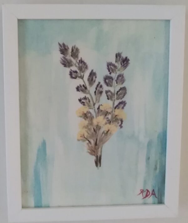 A watercolor painting of lavender flowers in a white frame.