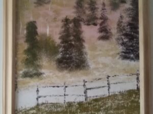 A painting of a field with trees and a fence.