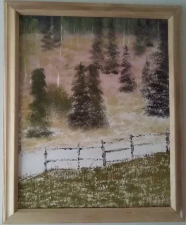 A painting of a field with trees and a fence.