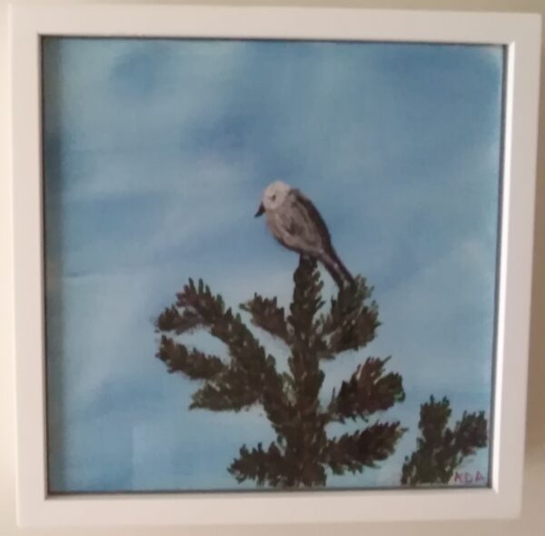 A painting of a bird perched on a pine tree.