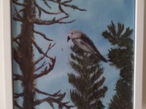 A painting of a bird perched on a pine tree.