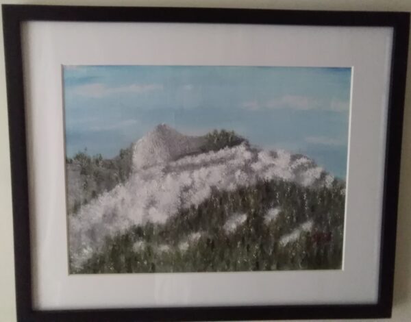 A painting of a mountain with snow on it.