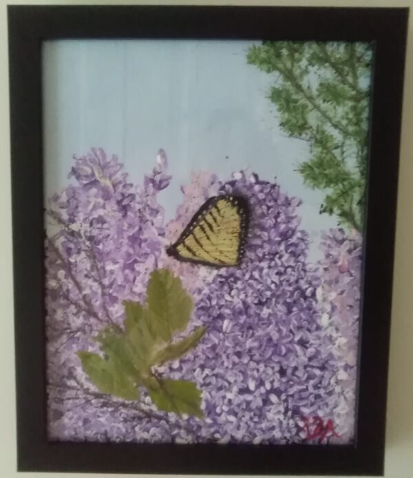 Butterfly on a lilac bush, AB, painting in a frame