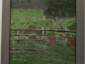 Doe and fawn, Alberta, painting in a frame