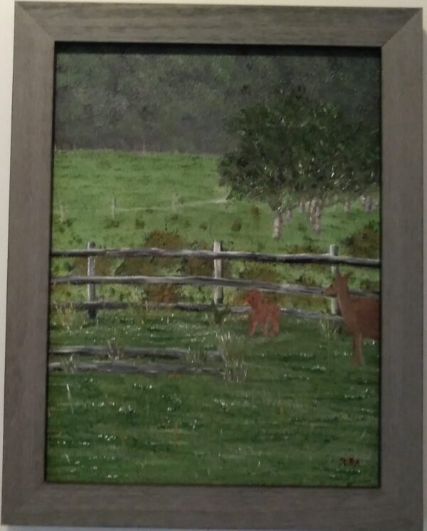 Doe and fawn, Alberta, painting in a frame