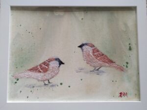 2 Sparrows, Arizona, painting in a frame