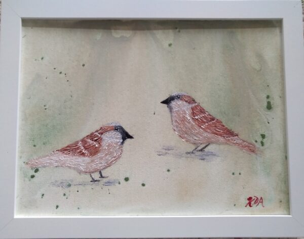 2 Sparrows, Arizona, painting in a frame