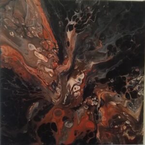 A painting in red and black theme and looks like an oil and water mix