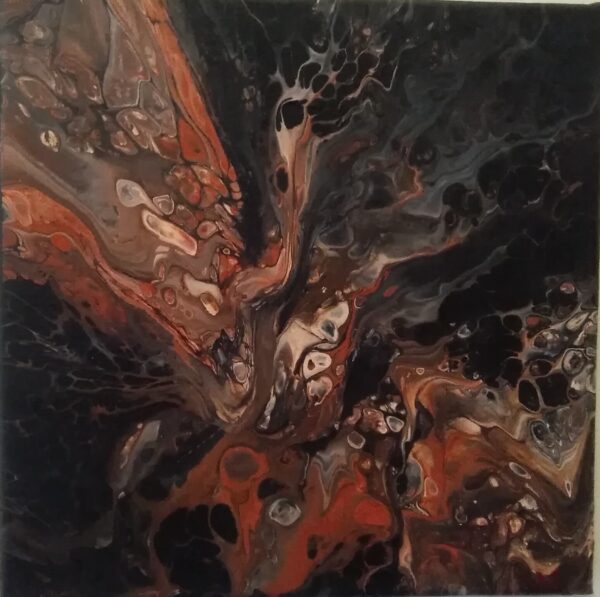 A painting in red and black theme and looks like an oil and water mix