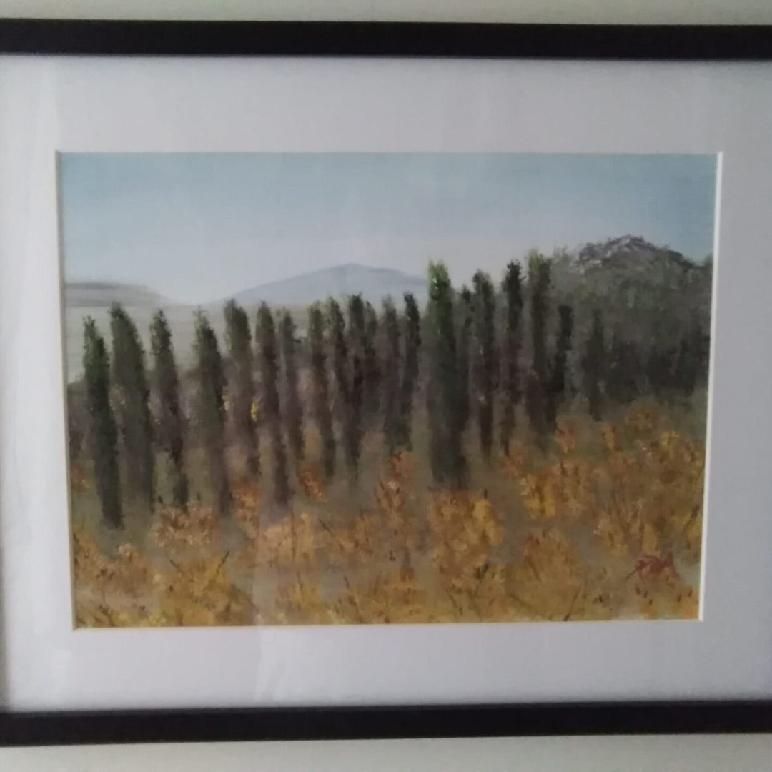 An artistically framed oil painting of serene cypress trees on a wall.